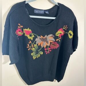 Vintage short sleeve sweater fall harvest embroidered sweater  1X thanksgiving